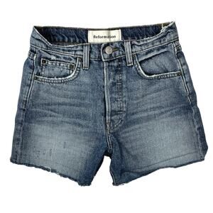 Reformation Lola Blue Wash Button Fly High Rise Cut Off Denim Jean Shorts Sz 23